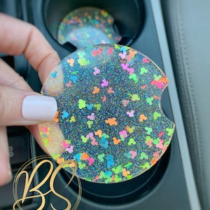 Sous-verres de voiture scintillants, Accessoires de voiture, Sous-verres scintillants Mickey, Porte-gobelet pour voiture, Ensemble deux pièces, Père Noël secret, Cadeau pour voiture neuve, Mickey néon