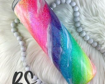 Neon Rainbow Glitter Tumbler: 30 oz Skinny Stainless Steel Cup