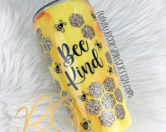 Bee Glitter Tumbler: Honeycomb Epoxy Cup with Straw