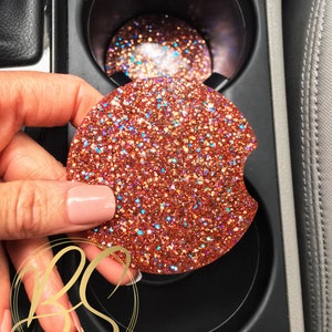 Rosy Gold Glitter Car Coasters: 2-Piece Sparkly Cupholder Set