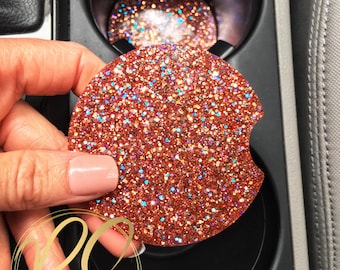 Rosy Gold Glitter Car Coasters: 2-Piece Sparkly Cupholder Set