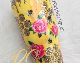 Gold Glitter Tumbler, Honeycomb, Flowers and Bees, Epoxy Tumbler, Personalized