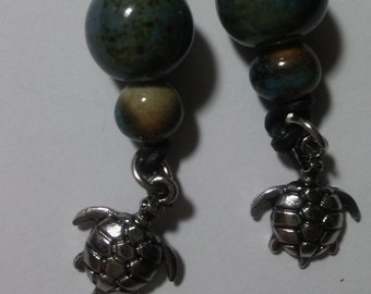 Ocean Themed Blue/Green/Brown Marble Earrings with Silver Charm (Turtle/2-Mermaid-Dolphin-Crab)