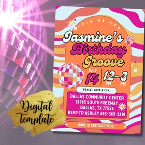 Pink Orange Disco Birthday Invite Girl, Retro 70s Party Invitation, Funky & Groovy Disco Bday Party, Retro Groovy Birthday, Digital Template