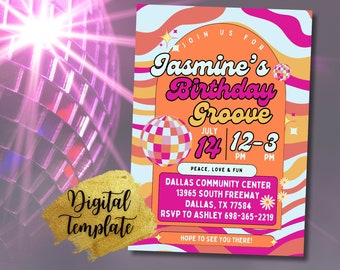 Pink Orange Disco Birthday Invite Girl, Retro 70s Party Invitation, Funky & Groovy Disco Bday Party, Retro Groovy Birthday, Digital Template