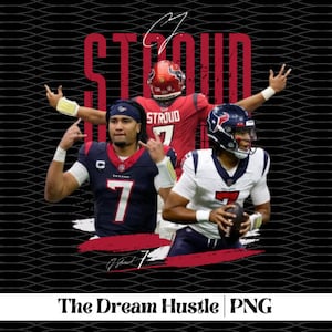May include: A digital illustration of three football players wearing red and white jerseys with the name "STROUD" on the back. The players are in different poses, with one player holding a football. The background is a black and white pattern.