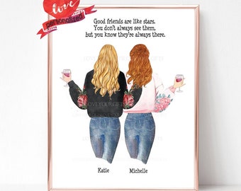 Puede incluir: Una impresión de arte imprimible con una ilustración de acuarela de dos mujeres de pie espalda con espalda, con jeans y chaquetas. Las mujeres sostienen vasos de vino. El texto dice "Los buenos amigos son como las estrellas. No siempre los ves, pero sabes que siempre están ahí."