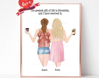 Puede incluir: Una impresión de arte imprimible con una ilustración de acuarela de dos mujeres sosteniendo tazas de café. El texto dice "El mejor regalo de la vida es la amistad, y la he recibido." Los nombres Angela y Emily están escritos debajo de las mujeres.