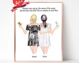 Puede incluir: Una impresión de arte imprimible con una cita sobre la amistad: "Los amigos van y vienen como las olas del océano, pero los verdaderos se pegan como un pulpo en tu cara." La impresión presenta una ilustración de acuarela de dos mujeres con vestidos de verano, sosteniendo cócteles, con los brazos alrededor de la otra. Los nombres de las mujeres, Angela y Emily, están escritos debajo de la ilustración.