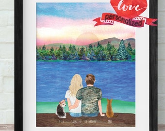 May include: A watercolour illustration of a couple sitting on a log by a lake with two dogs. The couple are facing away from the viewer, and the lake is in the background. The sky is a vibrant pink and orange, and the trees are green. The text "love personalized" is written in red on a white ribbon.