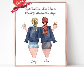 Puede incluir: Una impresión de arte personalizable e imprimible con una cita sobre la amistad: "Un buen amigo conoce todas tus mejores historias, pero un mejor amigo las ha vivido contigo." La impresión presenta a dos mujeres con cabello rubio y rojo, que llevan chaquetas de mezclilla y sostienen postres. Los nombres de las mujeres, Emily y Olivia, están escritos debajo de ellas.