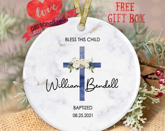 Personalized Baby Boy Baptism Ornament God Bless Christening Ornament Ceramic Godson Christening Ornament Baby Christening Gift Blue Cross