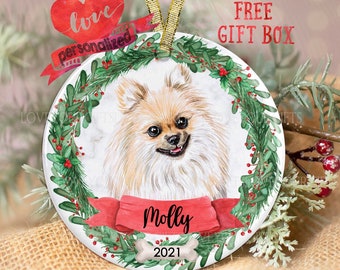 AD-PO90RSL Pomeranian Dog with Red Rose Photo Slate Christmas Gift Ornament 