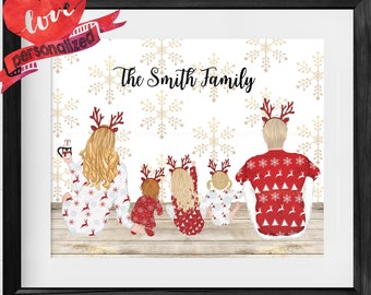 May include: A personalised Christmas print featuring a family of four wearing red and white reindeer pyjamas with antlers. The text "The Smith Family" is at the top of the print.