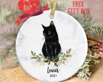Free Customization Personalized New Kitty in Box Christmas Tree Ornament 2021 Black Cat Breed Neutral Purr Faithful Friend Fur-Ever Aww Gift Year Domestic Baby Pet Paw Woman Crazy Family R.I.P