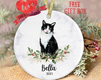 Personalized Blank and White Tuxedo Cat Christmas Ornament Custom Tuxedo Cat Ornament Cat Lover Gift Pet Memorial Ornament Cat Mom Gift Dad