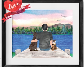 May include: A watercolour painting of a man sitting on a jetty with two pets, a dog and a cat. The man is wearing a black shirt and the dog is brown. The cat is black and white. The jetty is made of wood and the water is blue. The background is a sunset over a lake with trees and mountains. The text on the jetty reads "Rocky, Alex, Killy".