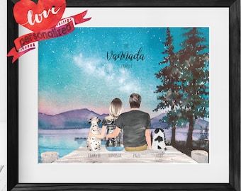 May include: A watercolour painting of a couple and their two dogs sitting on a jetty overlooking a lake. The sky is a vibrant blue with stars and a galaxy. The text "The Varnada Family" is written at the top of the painting.