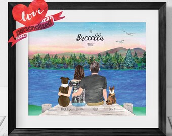 May include: A watercolour illustration of a family with two dogs sitting on a jetty overlooking a lake. The sky is a vibrant blue with pink and orange clouds. The text "The Bucella Family" is written at the top of the image.