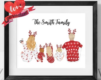 May include: A digital illustration of a family of five wearing red and white Christmas pajamas with reindeer antlers. The text "The Smith Family" is at the top of the image.