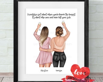 Puede incluir: Una impresión enmarcada con una cita sobre la amistad: "La amistad no se trata de quién has conocido por más tiempo. Se trata de quién vino y nunca se fue de tu lado." La impresión presenta una ilustración de dos mujeres con los brazos alrededor de la otra, levantando una copa de champán. Los nombres Christine y Vanessa están escritos debajo de las mujeres. La impresión tiene un corazón rojo con la palabra "amor" y una cinta roja con la palabra "personalizado" en ella.