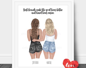 Puede incluir: Una impresión enmarcada en blanco con una ilustración de acuarela de dos mujeres de pie espalda con espalda. El texto dice "Los mejores amigos hacen que los buenos momentos sean mejores y los momentos difíciles más fáciles." Los nombres Jessica y Katie están escritos debajo de las mujeres. La impresión tiene un corazón rojo con la palabra "love" y una pancarta que dice "personalizado" debajo.