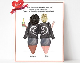 Puede incluir: Una impresión de arte imprimible con una ilustración de acuarela de dos mujeres con chaquetas de cuero negro con las palabras "Be Friends" en la espalda. El texto "You drink too much, swear too much and have really questionable morals... You're everything I ever wanted in a best friend!" está impreso encima de las mujeres. Los nombres "Michelle" y "Kelly" están impresos debajo de las mujeres.