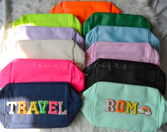 Personalized Nylon Cosmetic Bag Bridesmaid Gift Make up Bag Travel Bag Custom Nylon Bag Chenille Patch Bride Bag Varsity Letter Toiletry Bag