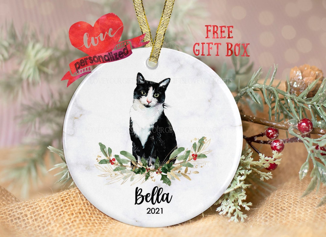Personalized Blank and White Tuxedo Cat Christmas Ornament Custom ...