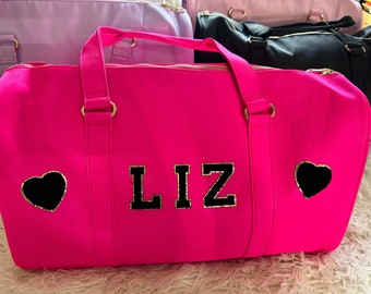 Personalized Nylon Duffel Bags, Custom Varsity Letter Bag, Bridesmaid Gift, Travel Bag with Patches, Weekend Bag, Bridesmaid Gift, Gym Bag