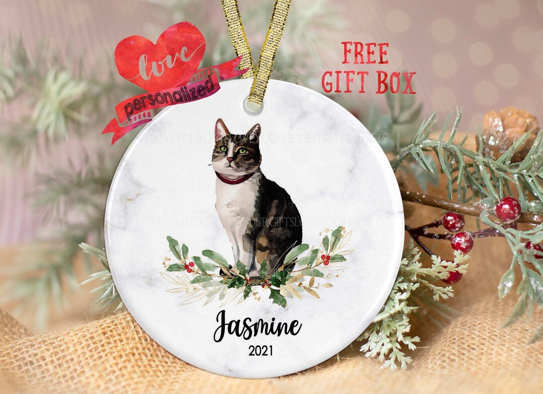Personalized Brown Tabby Piebald Cat Christmas Ornament Custom Brown