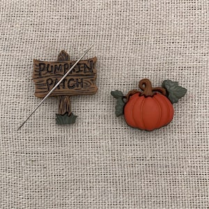 May include: A brown "Pumpkin Patch" sign and a small orange pumpkin with green leaves. A silver needle is placed diagonally across the image. The sign has the words "Pumpkin Patch" in dark brown letters. The pumpkin has a brown stem.