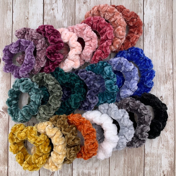 Velvet Ruffle Solid Color Scrunchie | Crocheted | Hair Tie | Stocking Stuffer | Girl Gift | Advent Calendar Filler