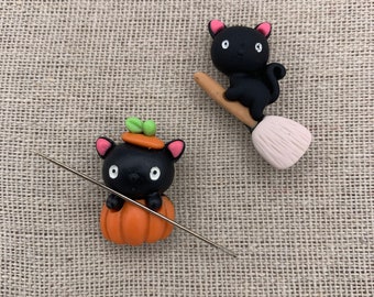 Black Cat Pumpkin Witch Needle Minder | Halloween | Broom | Magnetic Minder | Nanny | Keeper | Cover Minder