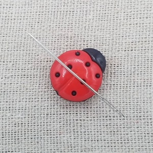 May include: A red and black ladybug-shaped button with a silver needle threaded through it.