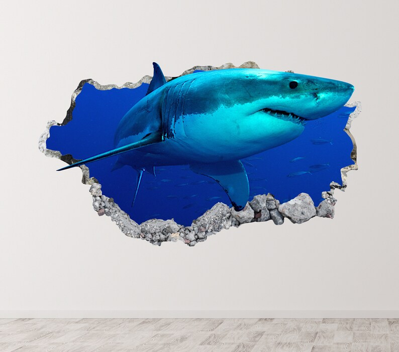 Shark Wall Decal Art Decor 3D Smashed Ocean Sticker Mural Etsy