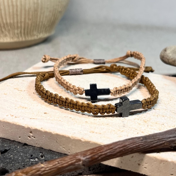 Handmade Hematite Cross Bracelet | Adjustable Christian Cord Bracelet | Minimalist Faith Jewelry Gift