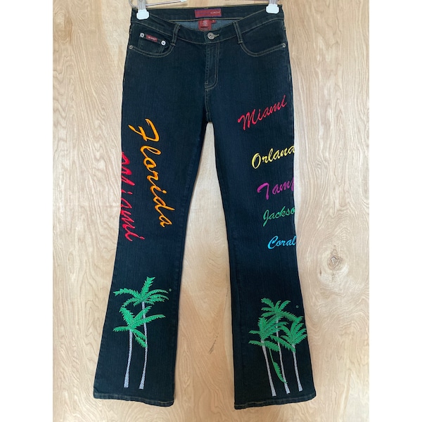Y2K LEMORE Women's Embroidered Florida Cities Dolphins Flared Blue Jeans Sz 7, Florida Theme Clothing, Vintage 2000s Fashion for Women