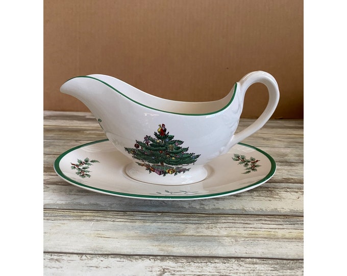Spode Christmas Tree Gravy Boat and Detached Underplate Made in England