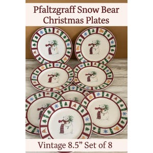 Vintage Pfaltzgraff Snow Bear Salad Plates 8.5” Set – Christmas Holiday Stoneware Dinnerware, Snowman & Tree Winter Pattern