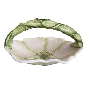 Intrada Ceramic Cabbage Leaf Majolica Floral Handled Basket Bowl 10&quot;, Made in Italy, Italian Bowl, Majolica Bowl, Vintage Decor for Home