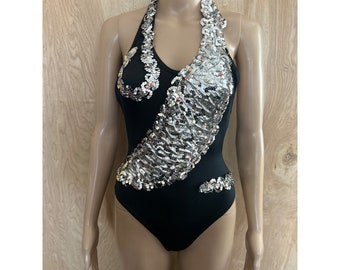 1980s Taffy's Showstoppers Rockettes Black Sequin Halter Showgirl Dance Costume, Vintage Dance Costume, Vintage Rockettes Leotard