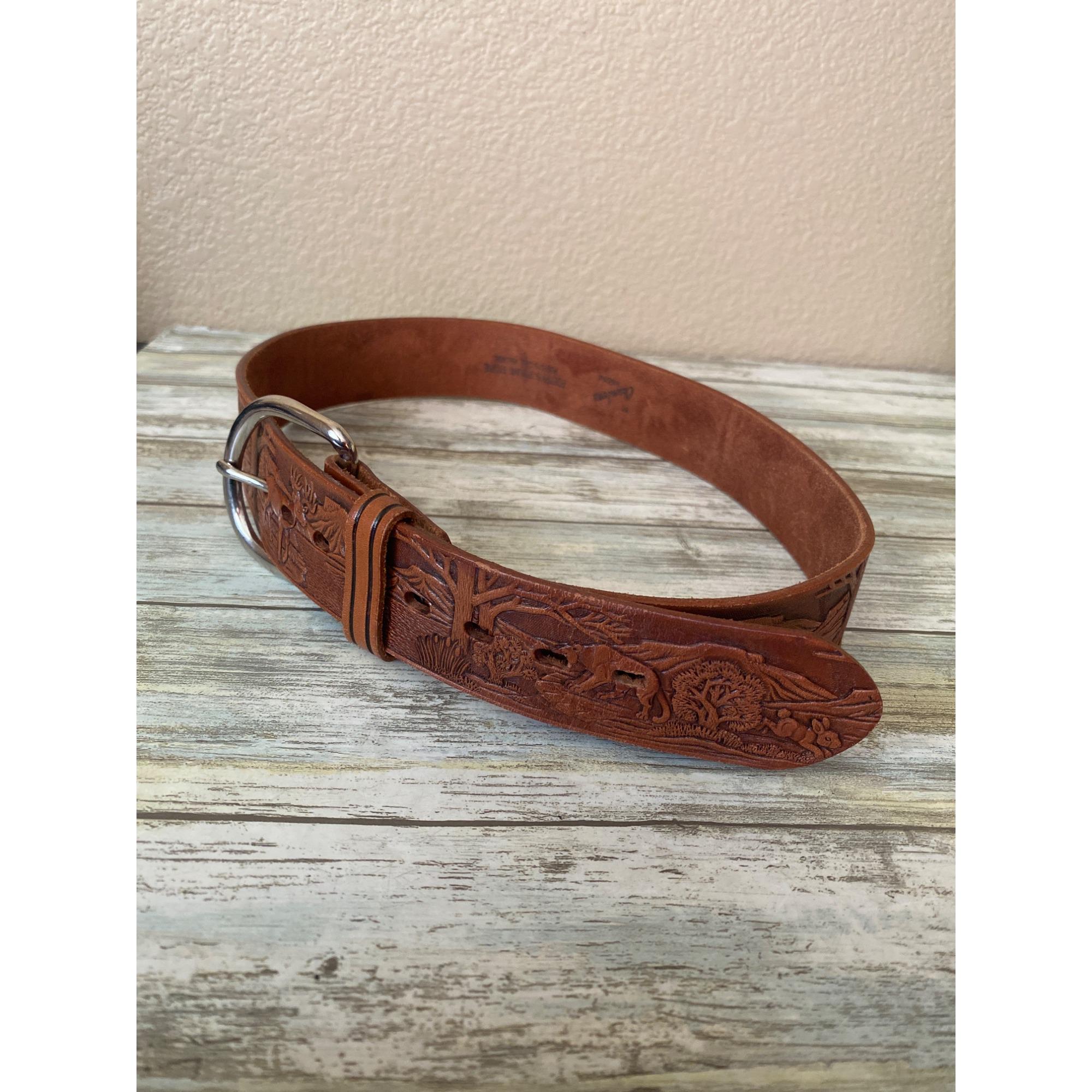 Chambers Brown Vintage  Embossed Leather Belt With Buckle Embossed Leather Craftsman Belt With Brass Buckle  main image 3