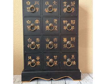 Asiatischer Stil Apothekerschrank 12-Schubladen Schwarz Gold MDF Kommode Messing Zieht