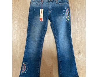 NEW Y2K Apollo Jeans Stretchy Rainbow Sequins Flare Leg Sz 7/8, 2000s Fashion for Women, Vintage Blue Jeans, Flare Jeans for Women