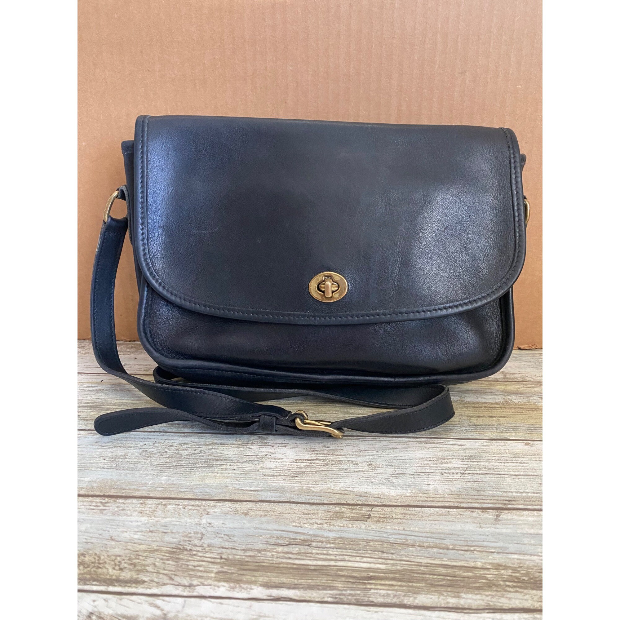 Vintage 1996 Coach City Bag Black Leather Flap Crossbody