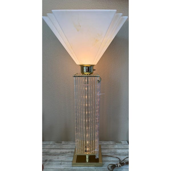 Vintage Deco Revival Brass Tone Acrylic Lucite Rod Table Lamp - Sciolari Style