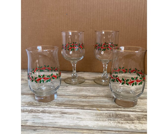 Set of 4/vintage Libbey Lrs3/water Goblets/red Ribbon/holly Berry Christmas Holiday Goblets/gold