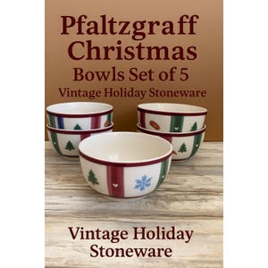 Vintage Pfaltzgraff Christmas Bowls Set of 5 – Holiday Stoneware Soup, Cereal, or Dessert Bowls with Trees & Snowflakes