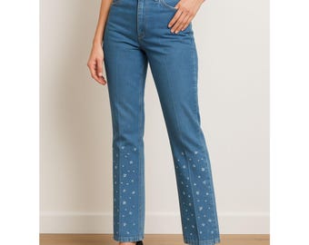 Jeans de mujer Wrangler Vintage Cowboy Cut de pierna recta estampados, talla 31x36, fabricados en EE. UU. (Talon)